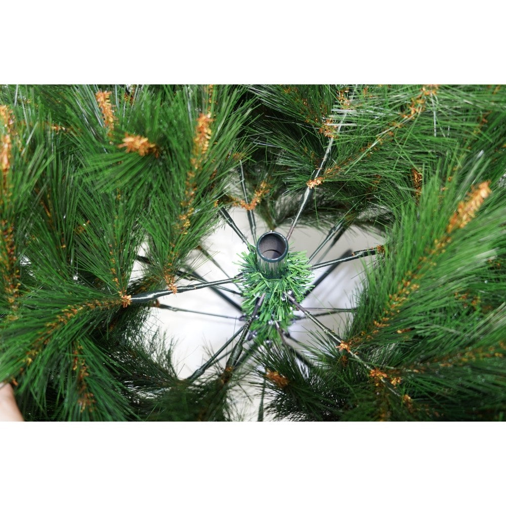 Brad Artificial De Craciun, Decorat Cu Conuri Pin Rosii, Pentru Interior/Exterior, Inaltime 210 Cm, Diametru 142 Cm, 767 Ramuri, Suport Metalic Inclus