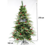 Brad Artificial De Craciun, Decorat Cu Conuri Pin Rosii, Pentru Interior/Exterior, Inaltime 210 Cm, Diametru 142 Cm, 767 Ramuri, Suport Metalic Inclus