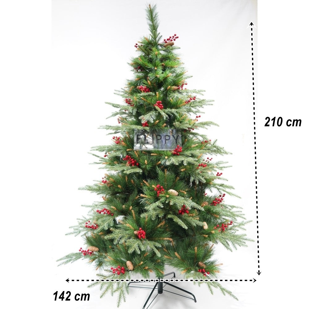 Brad artificial de Craciun, decorat cu conuri pin rosii, pentru interior/exterior, inaltime 210 cm, diametru 142 cm, 767 ramuri, Flippy, verde, suport metalic inclus - vivimall.ro