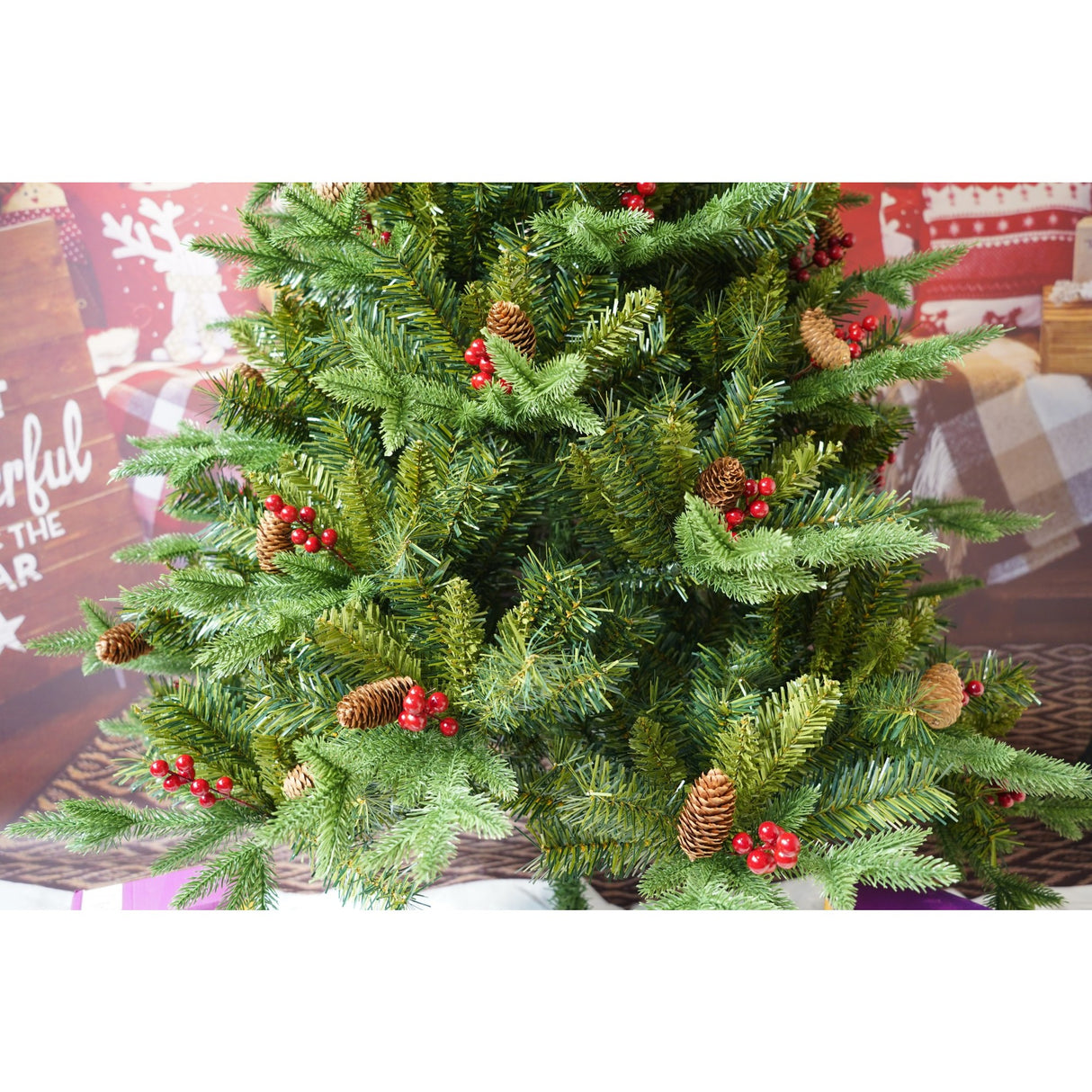 Brad Artificial De Craciun Bogat, 1.80 M Inaltime, 774 Ramuri, Premium, Decorat Cu 56 Conuri Pin Rosii, Interior/ Exterior
