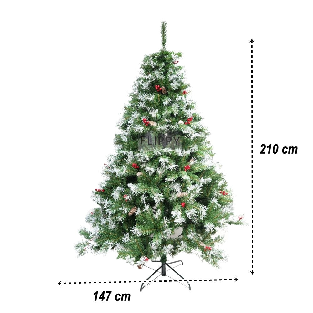 Brad artificial de Craciun nins, decorat cu conuri pin, pentru interior/exterior, inaltime 210 cm, diametru 147 cm, 1150 ramuri, Flippy, verde, suport metalic inclus - vivimall.ro