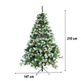 Brad artificial de Craciun nins, decorat cu conuri pin, pentru interior/exterior, inaltime 210 cm, diametru 147 cm, 1150 ramuri, Flippy, verde, suport metalic inclus - vivimall.ro