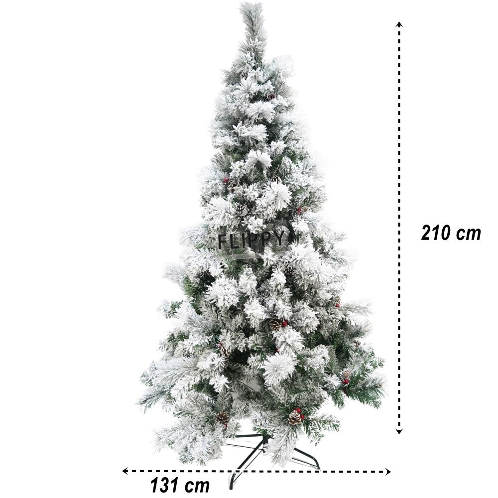 Brad Artificial De Craciun Nins, Decorat Cu Conuri Pin, Pentru Interior/Exterior, Inaltime 210 Cm, Diametru 131 Cm, 630 Ramuri, Alb/, Suport Metalic Inclus