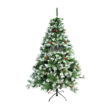 Brad artificial de Craciun nins, decorat cu conuri pin, pentru interior/exterior, inaltime 210 cm, diametru 147 cm, 1150 ramuri, Vivimall, verde, suport metalic inclus, Resigilat - vivimall.ro