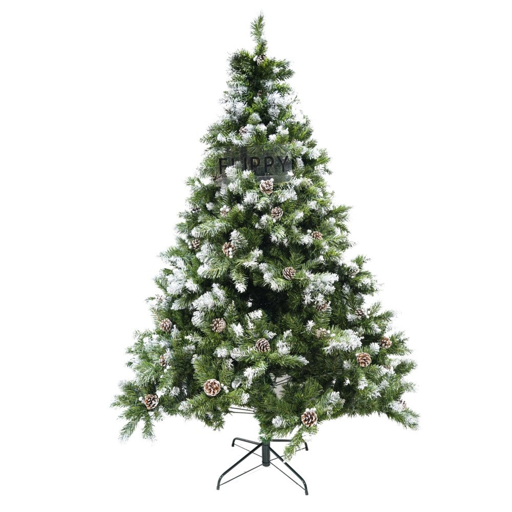 Brad artificial de Craciun nins, decorat cu conuri pin, pentru perete/colt, inaltime 210 cm, diametru 149 cm, 1224 ramuri, Flippy, verde, suport metalic inclus - vivimall.ro