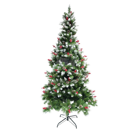 Brad artificial de Craciun nins, decorat cu conuri pin rosii, inaltime 150 cm, diametru 83 cm, 319 ramuri, Flippy, verde, suport metalic inclus - vivimall.ro