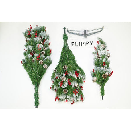 Brad artificial de Craciun nins, decorat cu conuri pin rosii, inaltime 180 cm, diametru 95 cm, 319 ramuri, Flippy, verde, suport metalic inclus - vivimall.ro