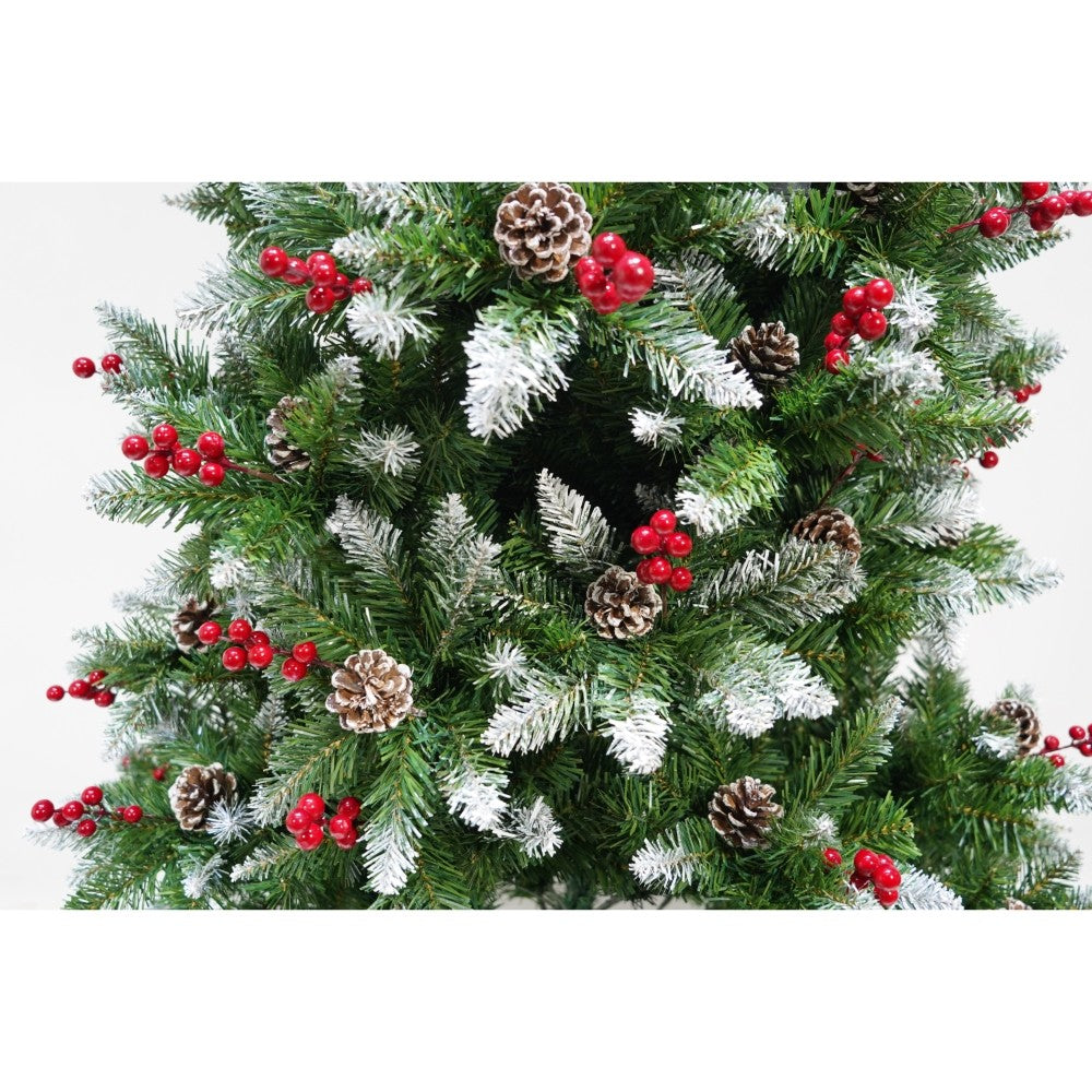 Brad artificial de Craciun nins, decorat cu conuri pin rosii, inaltime 180 cm, diametru 95 cm, 319 ramuri, Flippy, verde, suport metalic inclus - vivimall.ro