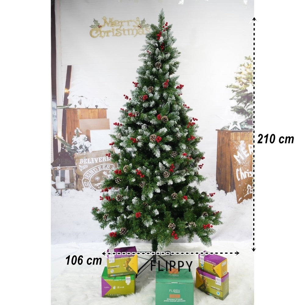 Brad artificial de Craciun nins, decorat cu conuri pin rosii, inaltime 210 cm, diametru 106 cm, 643 ramuri, Flippy, verde, suport metalic inclus - vivimall.ro