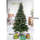 Brad artificial de Craciun nins, decorat cu conuri pin rosii, inaltime 210 cm, diametru 106 cm, 643 ramuri, Flippy, verde, suport metalic inclus - vivimall.ro