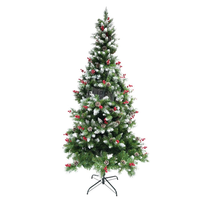 Brad artificial de Craciun nins, decorat cu conuri pin rosii, inaltime 210 cm, diametru 106 cm, 643 ramuri, Flippy, verde, suport metalic inclus - vivimall.ro