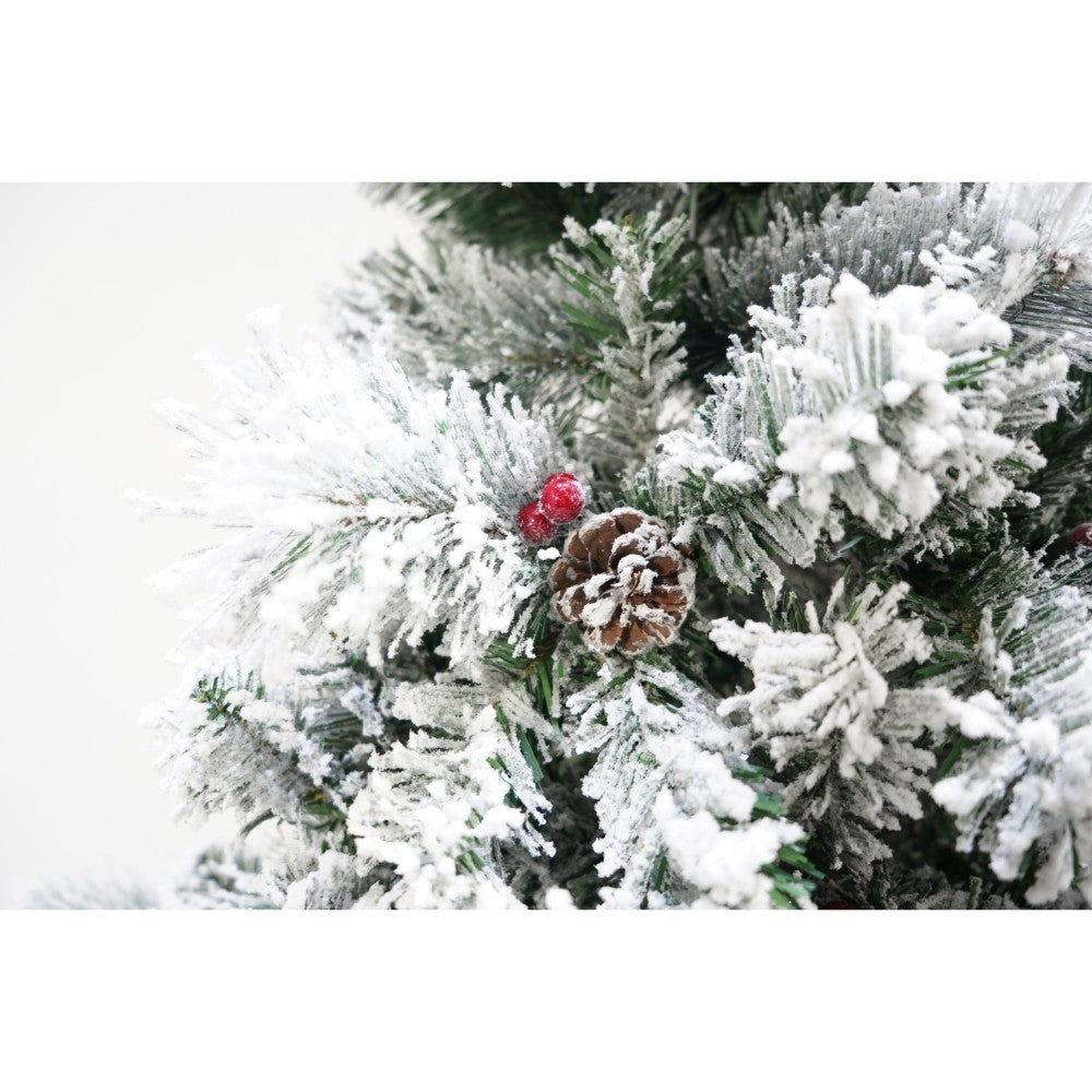 Brad artificial de Craciun nins intens, decorat cu conuri pin, pentru interior/exterior, inaltime 180 cm, diametru 120 cm, 502 ramuri, Flippy, alb/verde, suport metalic inclus - vivimall.ro