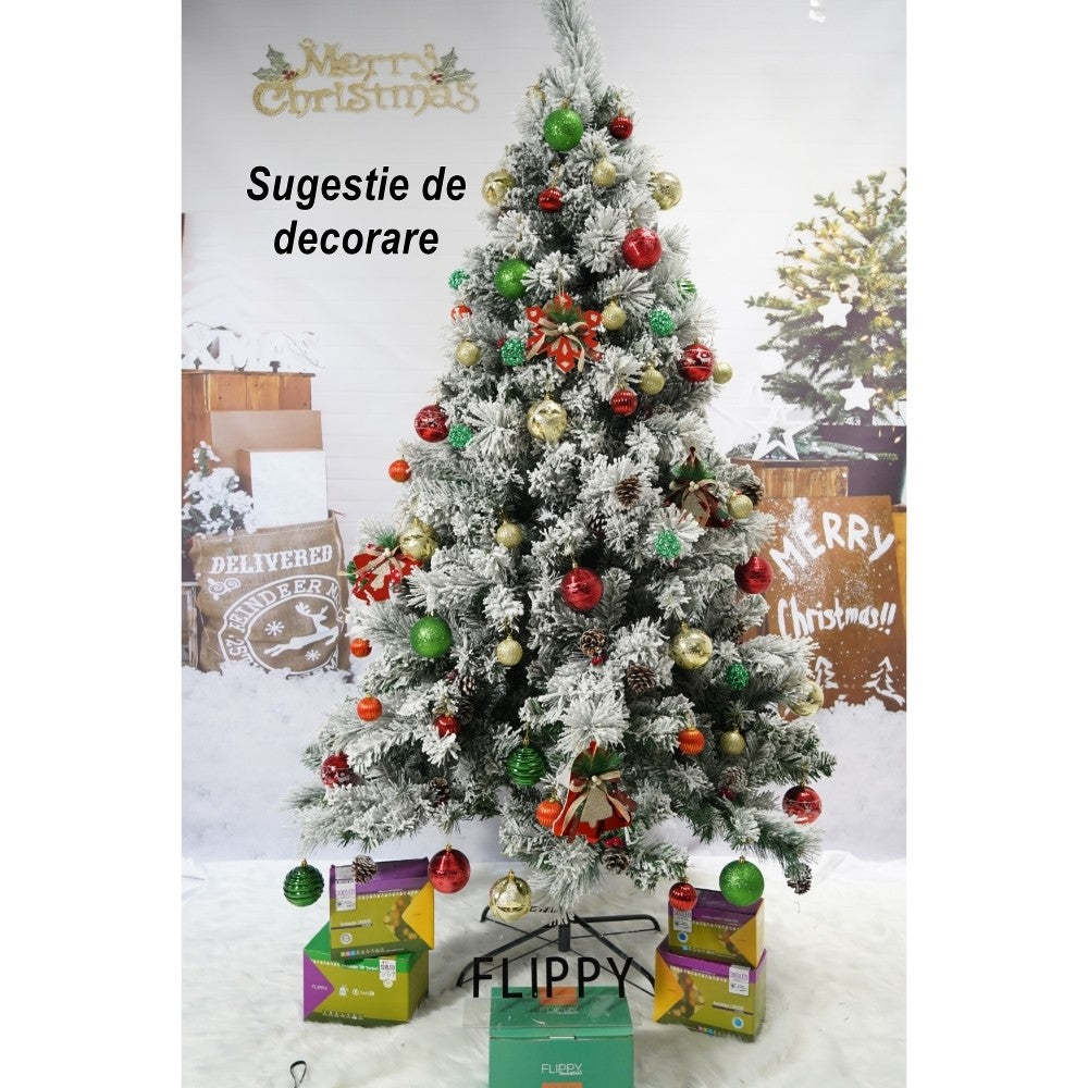 Brad Artificial De Craciun Nins Intens, Decorat Cu Conuri Pin, Pentru Interior/Exterior, Inaltime 180 Cm, Diametru 120 Cm, 502 Ramuri, Alb/, Suport Metalic Inclus