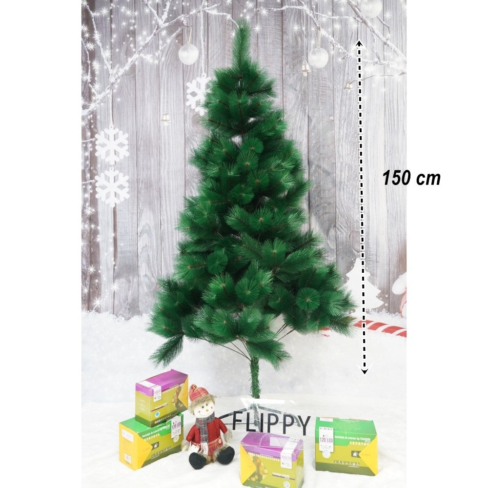 Brad artificial de Craciun tip pin, clasic, pentru interior/exterior, inaltime 150 cm, Flippy, verde, suport metalic inclus - vivimall.ro