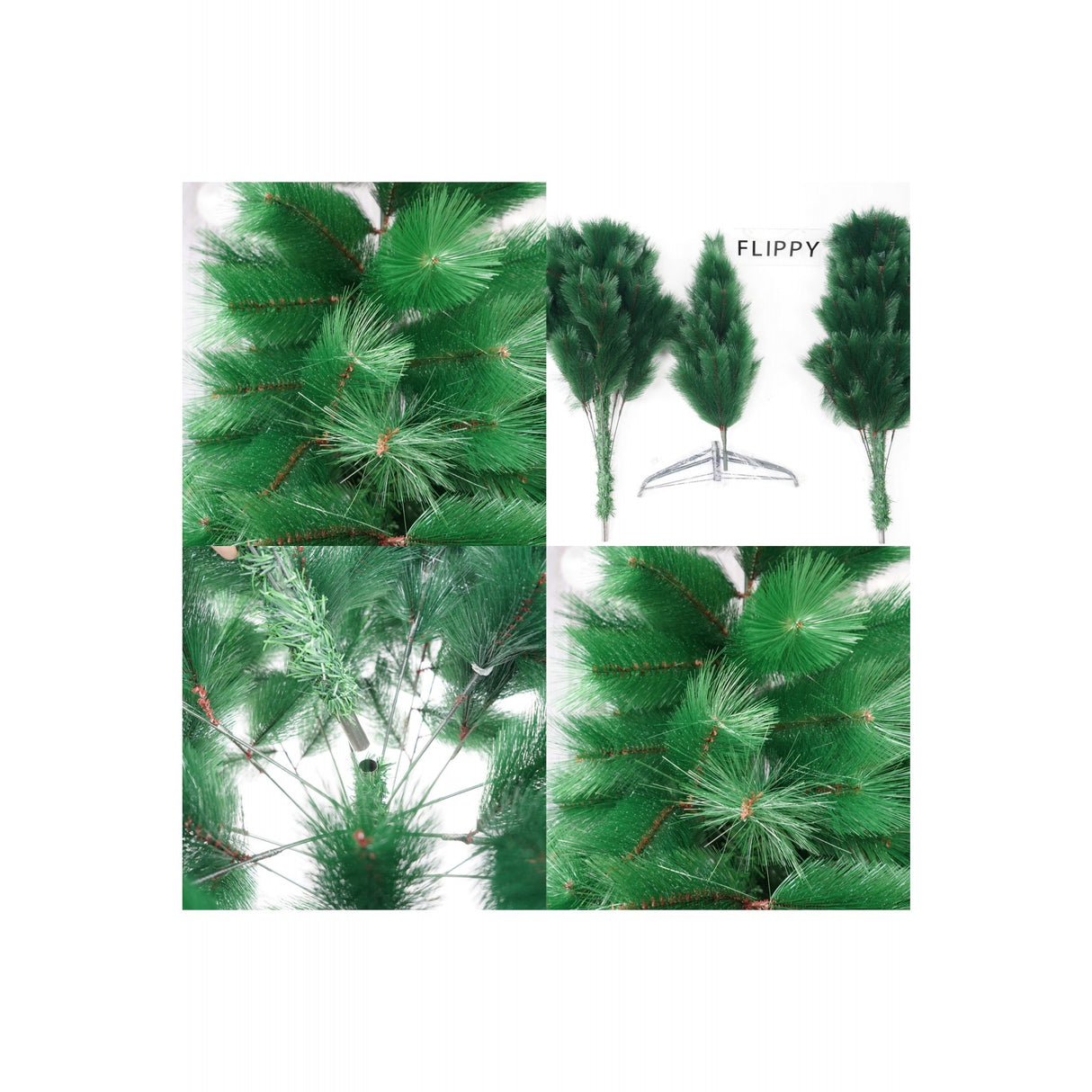 Brad artificial de Craciun tip pin, inaltime 210 cm, diametru 115 cm, 350 ramuri cu ace 3D 12 cm, Flippy, verde, suport metalic inclus