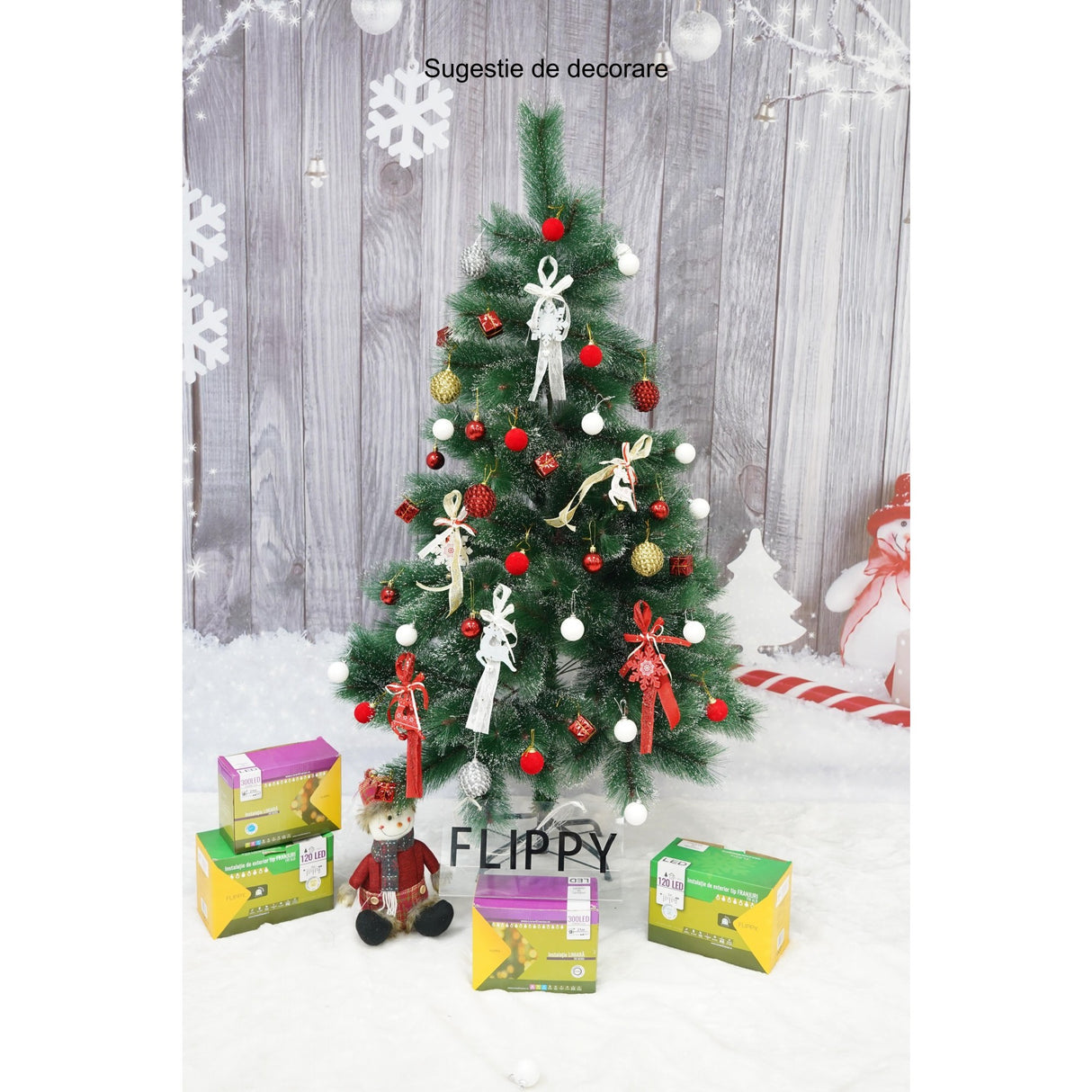 Brad artificial de Craciun tip pin inzapezit, inaltime 150 cm, diametru 85 cm, 160 ramuri cu ace 3D 12 cm, Vivimall, verde cu varfuri ninse, suport metalic inclus