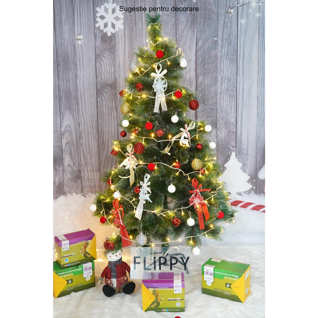 Brad artificial de Craciun tip pin inzapezit, inaltime 150 cm, diametru 85 cm, 160 ramuri cu ace 3D 12 cm, Vivimall, verde cu varfuri ninse, suport metalic inclus