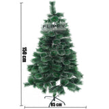 Brad artificial de Craciun tip pin inzapezit, inaltime 150 cm, diametru 85 cm, 160 ramuri cu ace 3D 12 cm, Vivimall, verde cu varfuri ninse, suport metalic inclus