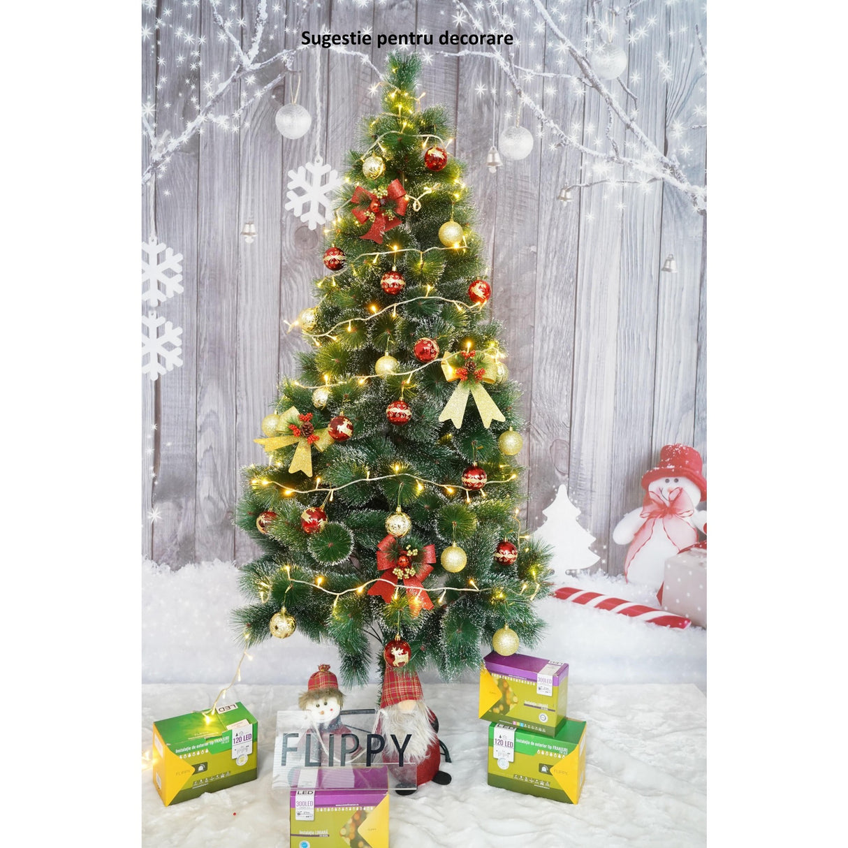 Brad artificial de Craciun tip pin inzapezit, inaltime 180 cm, diametru 105 cm, 260 ramuri cu ace 3D 12 cm, Vivimall, verde cu varfuri ninse, suport metalic inclus