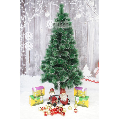 Brad artificial de Craciun tip pin inzapezit, inaltime 210 cm, diametru 115 cm, 350 ramuri cu ace 3D 12 cm, Vivimall, verde cu varfuri ninse, suport metalic inclus