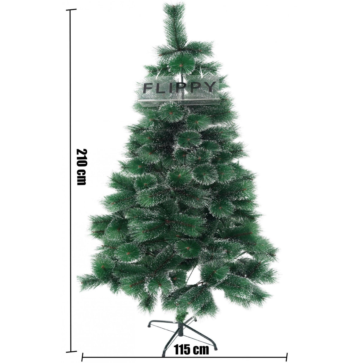 Brad artificial de Craciun tip pin inzapezit, inaltime 210 cm, diametru 115 cm, 350 ramuri cu ace 3D 12 cm, Vivimall, verde cu varfuri ninse, suport metalic inclus