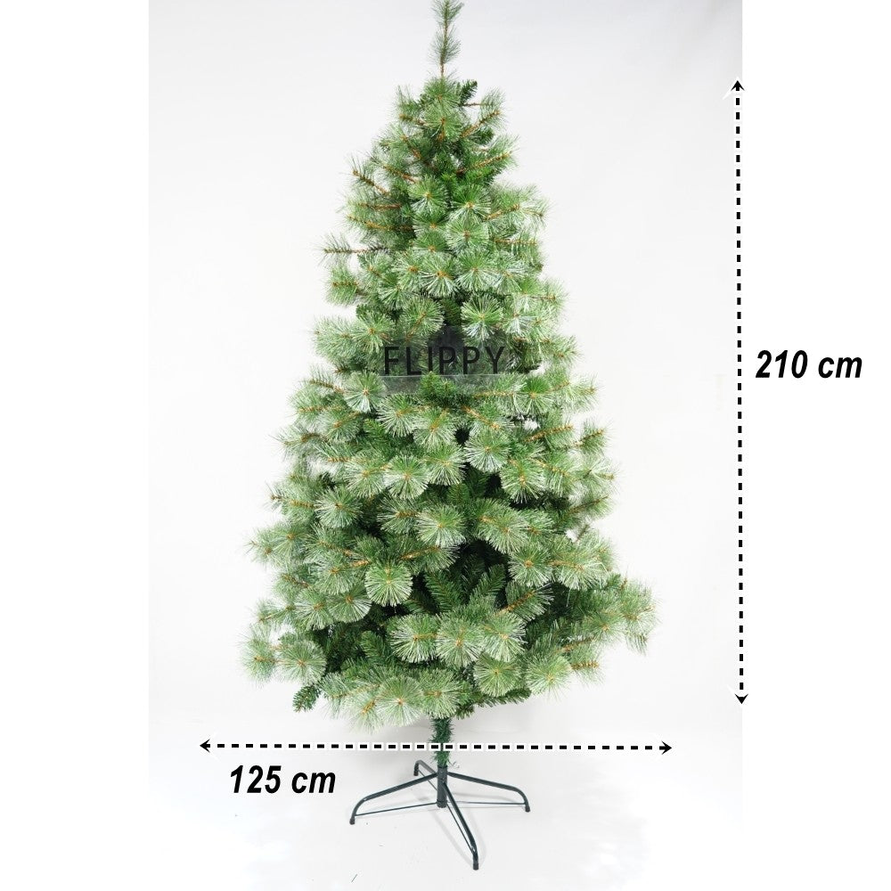 Brad artificial de Craciun tip pin, pentru interior/exterior, inaltime 210 cm, diametru 125 cm, 980 ramuri, Flippy, verde, suport metalic inclus - vivimall.ro