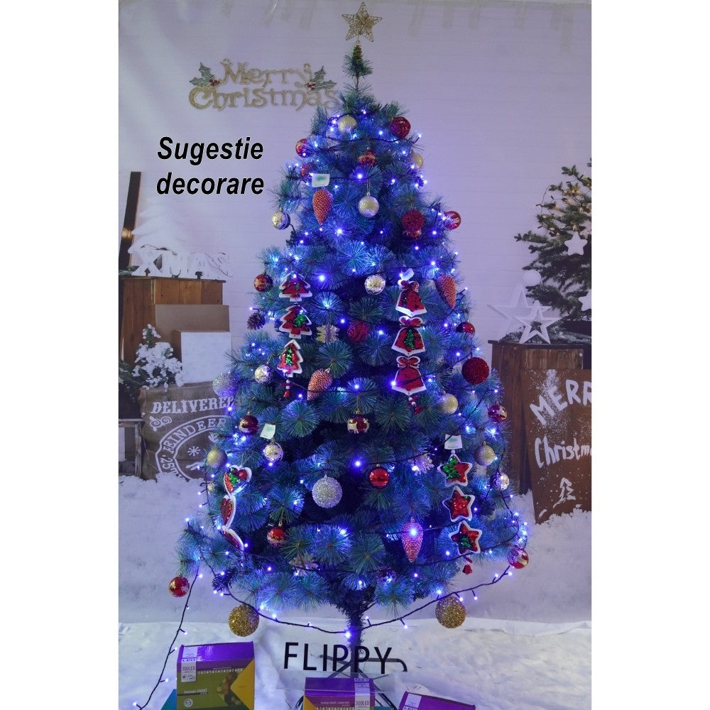 Brad artificial de Craciun tip pin, pentru interior/exterior, inaltime 210 cm, diametru 125 cm, 980 ramuri, Flippy, verde, suport metalic inclus - vivimall.ro