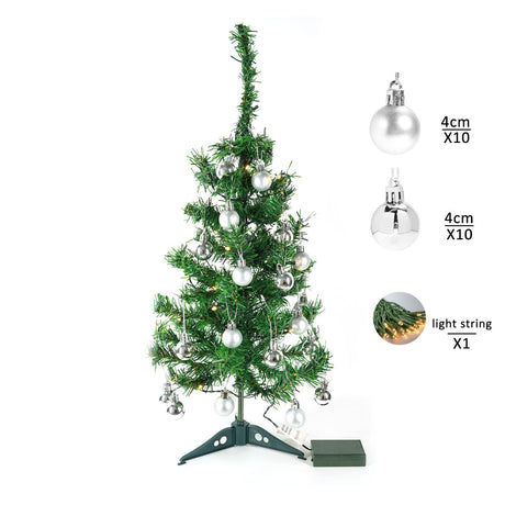 Brad Artificial Impodobit, 60 Cm, Suport Plastic Cu Instalatie Luminoasa 20 Led + 20 Globuri Argintii Incluse - vivimall.ro