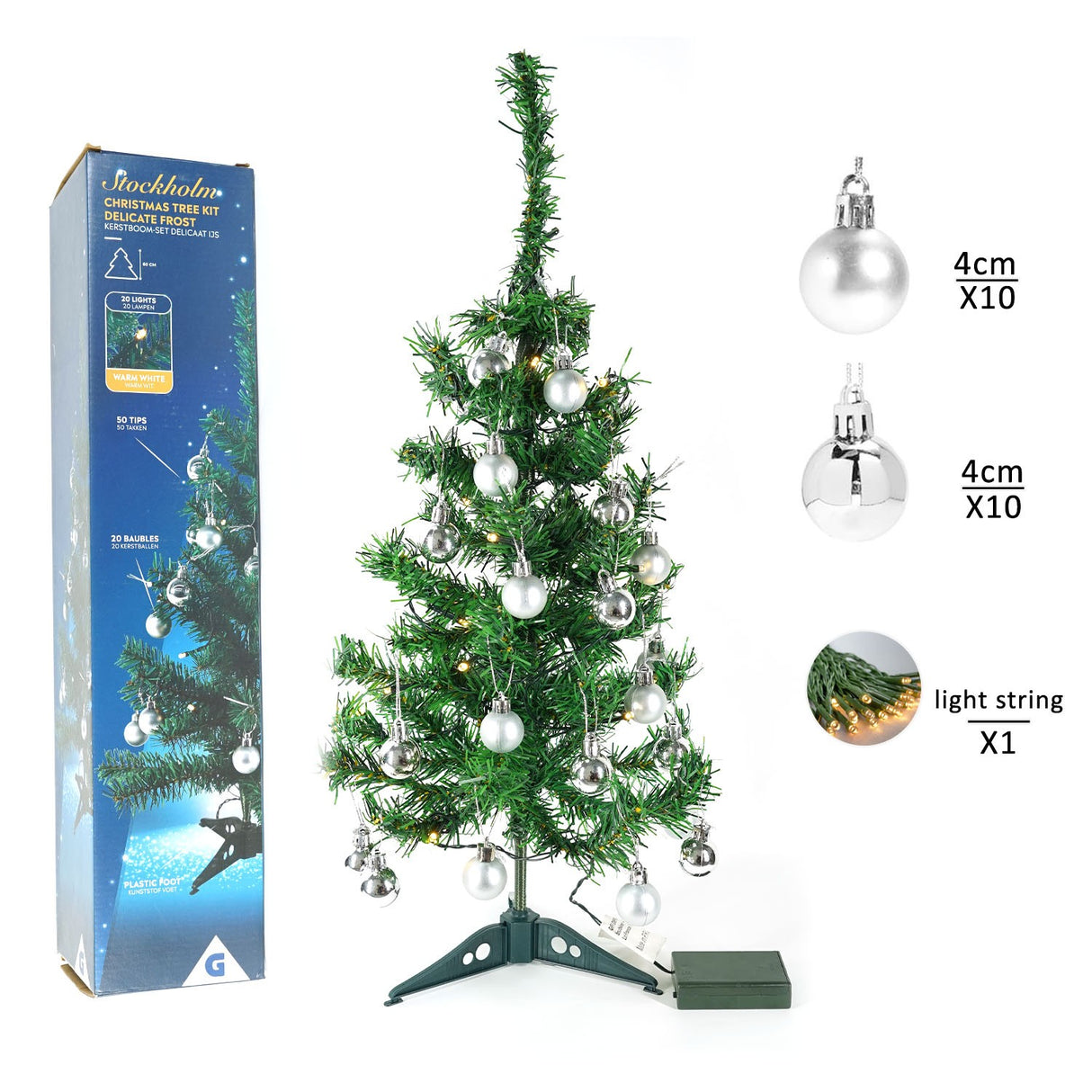 Brad Artificial Impodobit, 60 Cm, Suport Plastic Cu Instalatie Luminoasa 20 Led + 20 Globuri Argintii Incluse - vivimall.ro