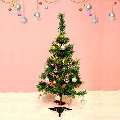 Brad Artificial Impodobit, 60 Cm, Suport Plastic Cu Instalatie Luminoasa 20 Led + 20 Globuri Argintii Incluse - vivimall.ro