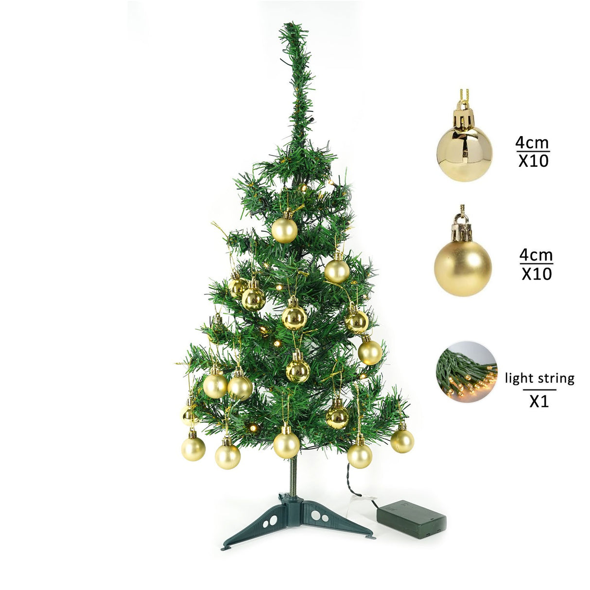 Brad Artificial Impodobit, 60 cm, suport plastic, cu instalatie luminoasa 20 LED alb cald + 20 globuri aurii incluse, Vivimall