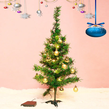 Brad Artificial Impodobit, 60 Cm, Suport Plastic, Cu Instalatie Luminoasa 20 Led + 20 Globuri Aurii Incluse - vivimall.ro