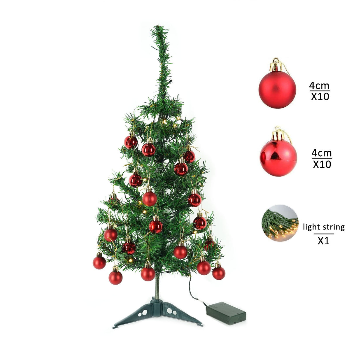 Brad Artificial Impodobit, 60 cm, suport plastic cu instalatie luminoasa 20 LED alb cald + 20 globuri rosii incluse, Vivimall