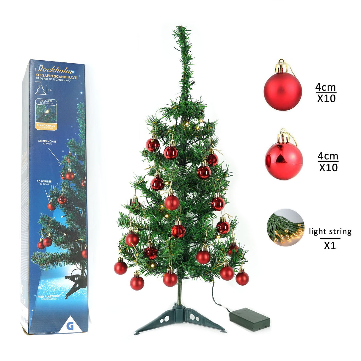 Brad Artificial Impodobit, 60 Cm, Suport Plastic Cu Instalatie Luminoasa 20 Led + 20 Globuri Rosii Incluse - vivimall.ro