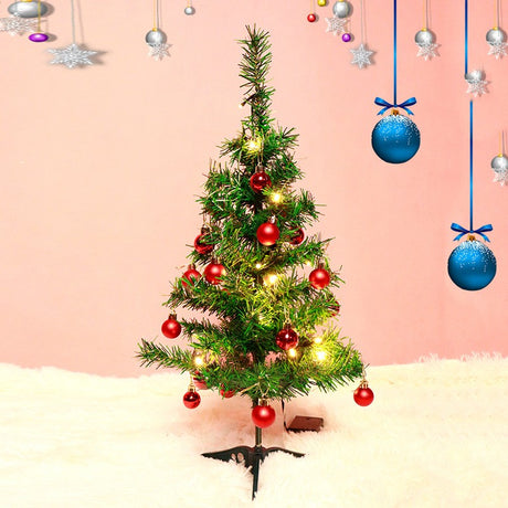 Brad Artificial Impodobit, 60 Cm, Suport Plastic Cu Instalatie Luminoasa 20 Led + 20 Globuri Rosii Incluse - vivimall.ro