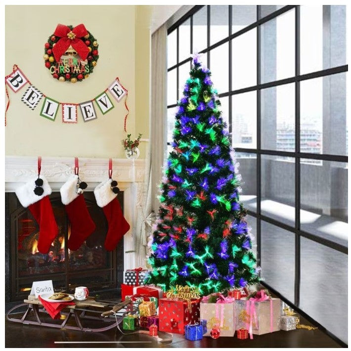 Brad Artificial Luminos de Craciun, Vivimall, 1.8 m inaltime , Ramuri cu Fibra Optica, Multicolor, Suport Metalic Inclus