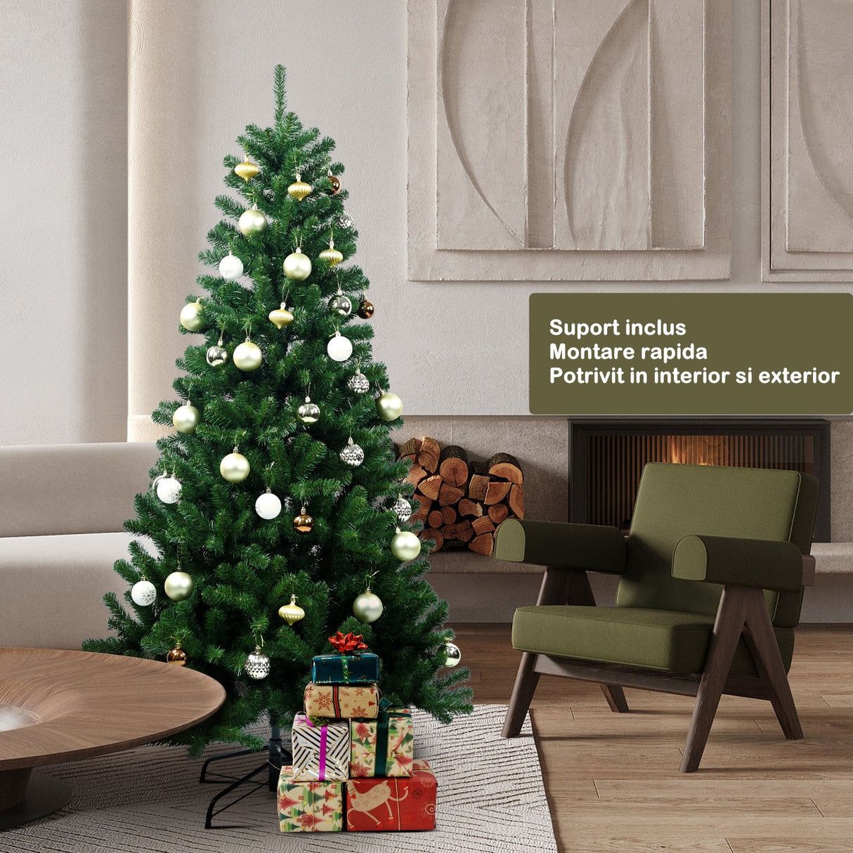 Brad De Craciun Artificial Cu Suport Inclus 180 Cm, 600 Ramuri/Varfuri, Material Plastic, Suport Clasic, Fara Iluminare, Utilizat Pentru Interior/Exterior - vivimall.ro
