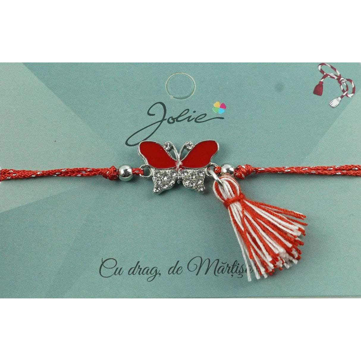 Bratara Jolie cu Ciucure Fluture Alb-Rosu - vivimall.ro