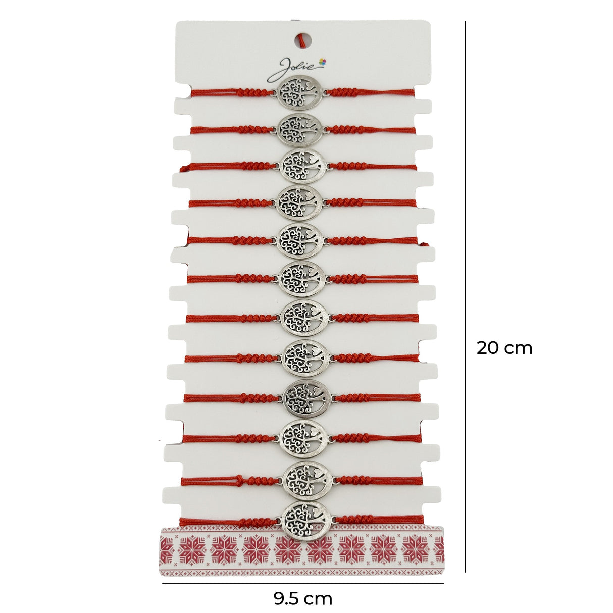 Bratara Martisor pentru Dama, Jolie, Model Copac Rotund, Set 12 bucati, Pandativ Argintiu din Inox cu Snur Rosu Ajustabil - vivimall.ro