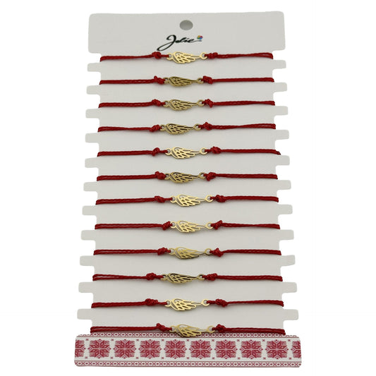 Bratara Martisor pentru Dama, Jolie, Model Aripa, Set 12 bucati, Pandativ din Inox Auriu, Snur Ajustabil Impletit, Rosu - vivimall.ro