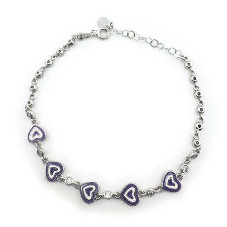 Bratara pentru Copii, Jolie, Argint 925, Model Inima, cu Email si Zirconiu, 22 cm/4.4g Argintiu/Mov/Alb - vivimall.ro