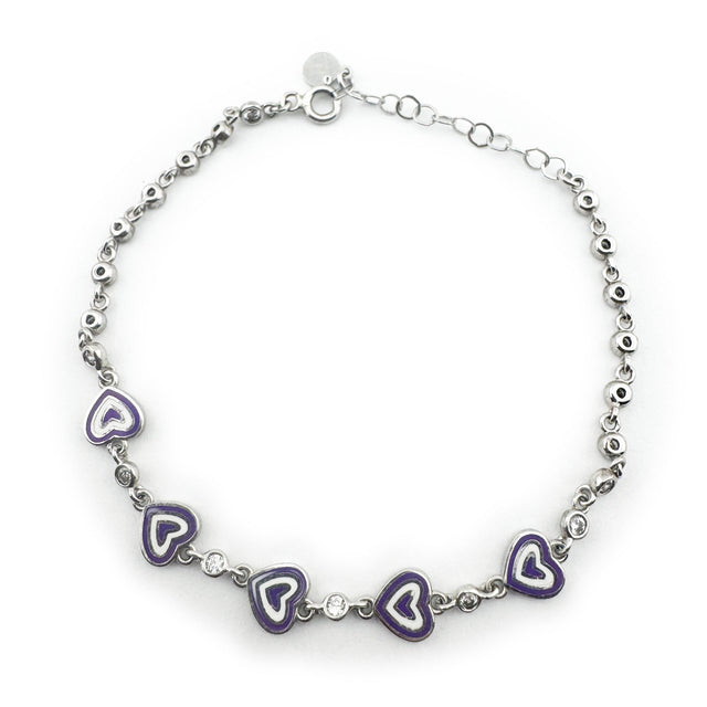 Bratara pentru Copii, Jolie, Argint 925, Model Inima, cu Email si Zirconiu, 22 cm/4.4g Argintiu/Mov/Alb - vivimall.ro