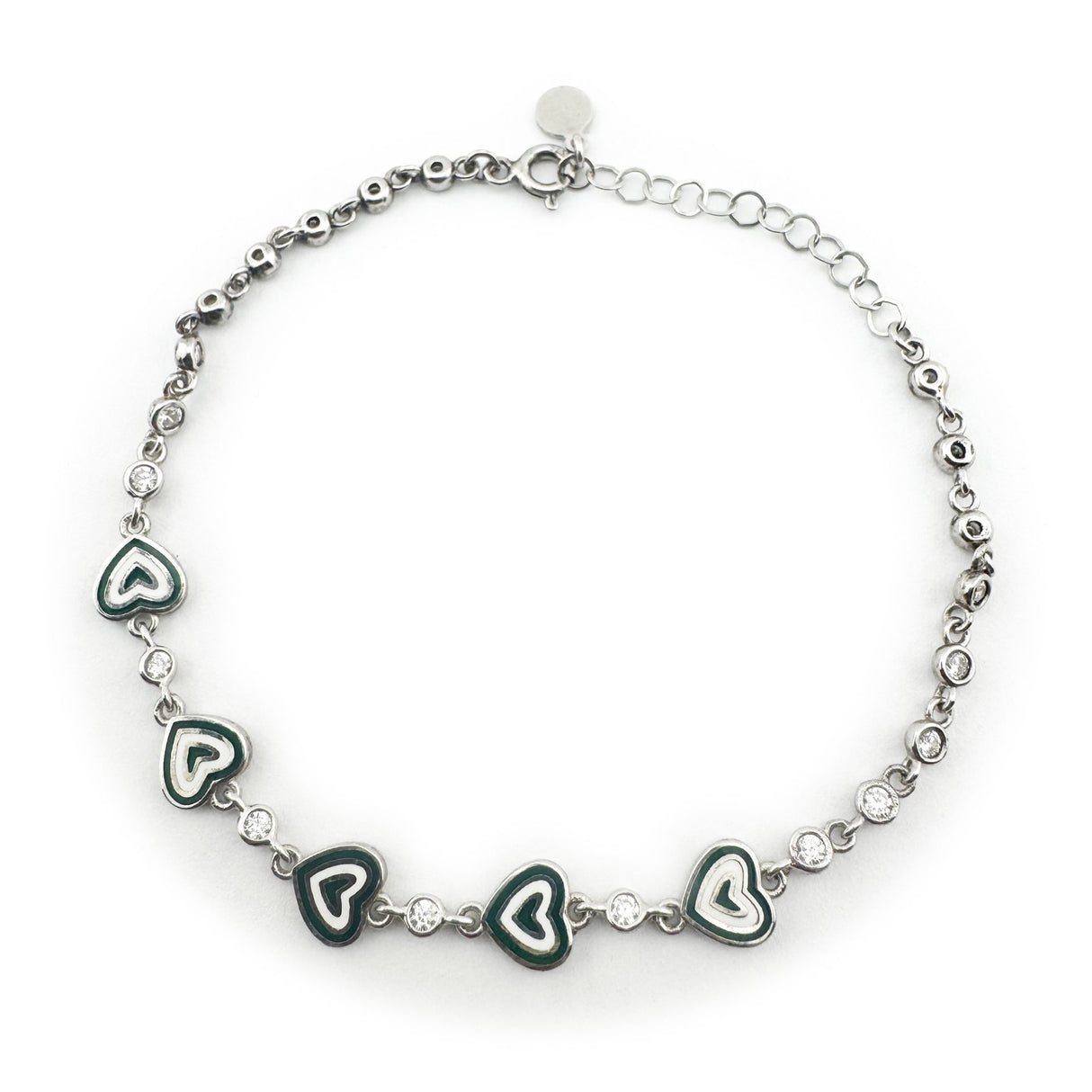 Bratara pentru Copii, Jolie, Argint 925, Model Inima, cu Email si Zirconiu, 22 cm/4.4g Argintiu/Verde inchis - vivimall.ro