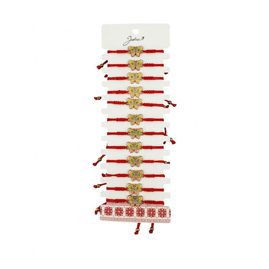 Brățară mărțișor Jolie model fluture, set 12 bucăți, snur roșu împletit cu pandantiv auriu multicolor