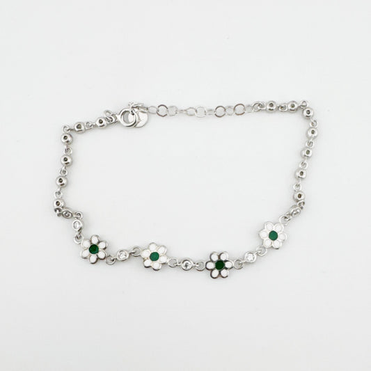 Bratara pentru Copii, Jolie, Argint 925, Model Floare cu Piatra, cu Email si Zirconiu, 22 cm/4.4g Argintiu/Verde - vivimall.ro