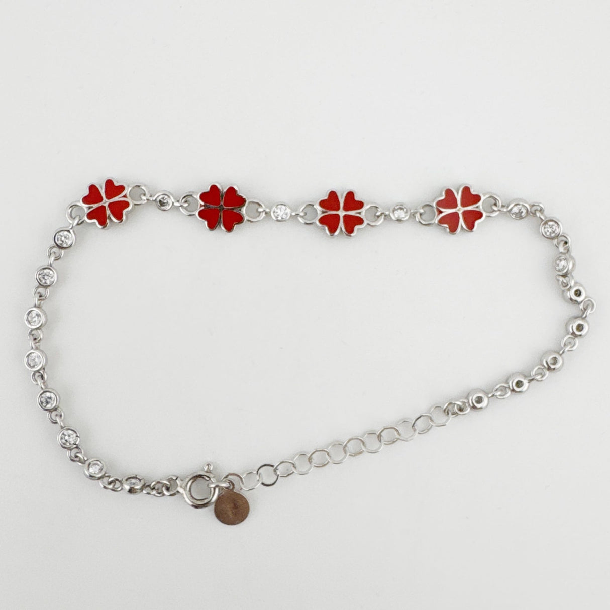 Bratara pentru Dama Copii, Jolie, Argint 925, Model Trifoi Rosu, cu Email si Zirconiu, Argintiu - vivimall.ro
