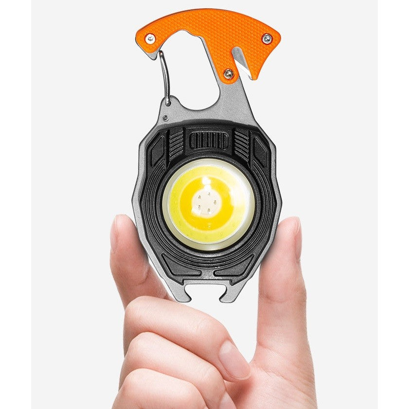 Breloc Multifunctional, Model W5147, Kit Supravietuire, Lanterna, Bricheta, Fluier, Din Abs/Aluminiu, Alimentare Usb, Negru/Portocaliu - vivimall.ro