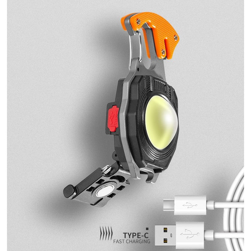 Breloc Multifunctional, Model W5147, Kit Supravietuire, Lanterna, Bricheta, Fluier, Din Abs/Aluminiu, Alimentare Usb, Negru/Portocaliu - vivimall.ro