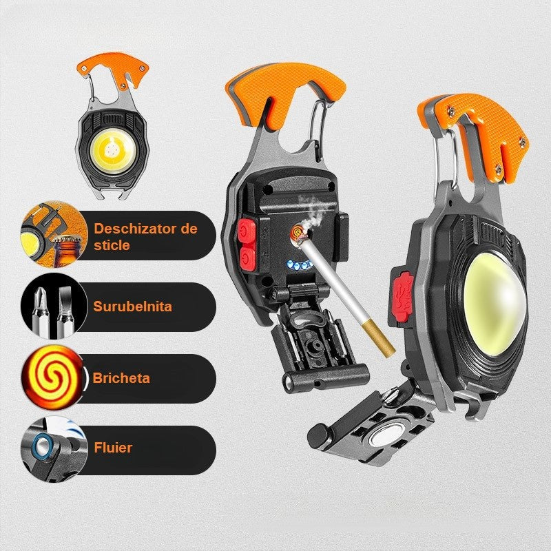 Breloc Multifunctional, Model W5147, Kit Supravietuire, Lanterna, Bricheta, Fluier, Din Abs/Aluminiu, Alimentare Usb, Negru/Portocaliu - vivimall.ro