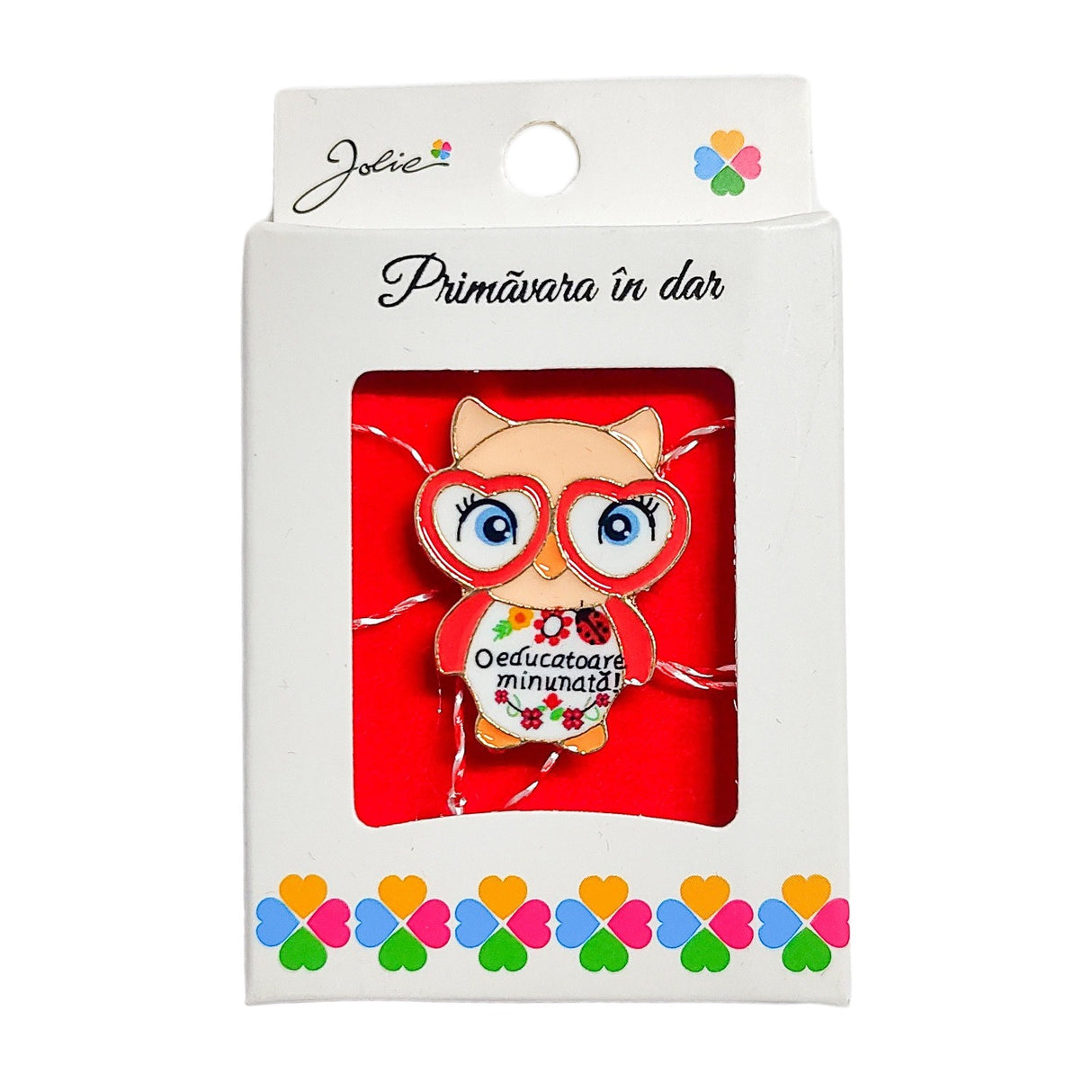 Mărțișor broșă Jolie model bufnița educatoare, metal multicolor 5x3 cm, vedere frontală cu cutie cadou